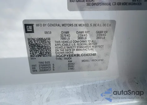 2020 Chevrolet Silverado 1500 4Wd Standard Bed Rst from USA, damaged, VIN 3GCPYEEK9LG143348